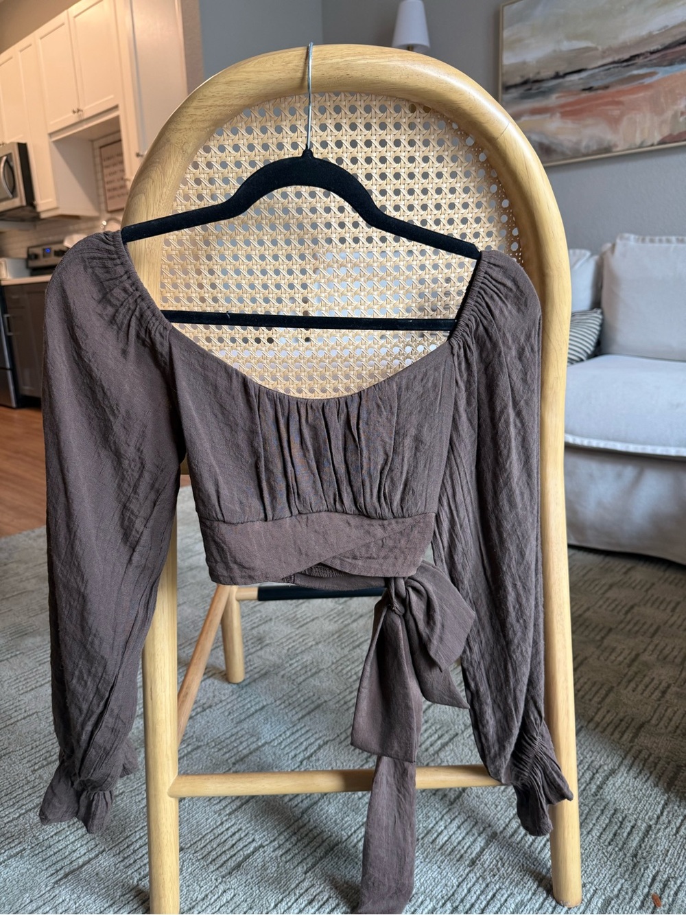 Brown Long-Sleeve Wrap Crop Top